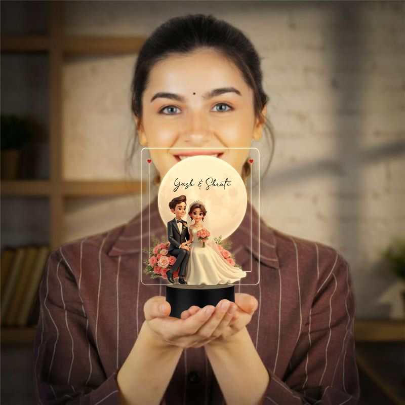 Personalized Wedding Couple LED Night Light with Moon and Roses, Warm White Acrylic Lamp with Black Base Wedding Gift for Friends Customized Gifts for Couple